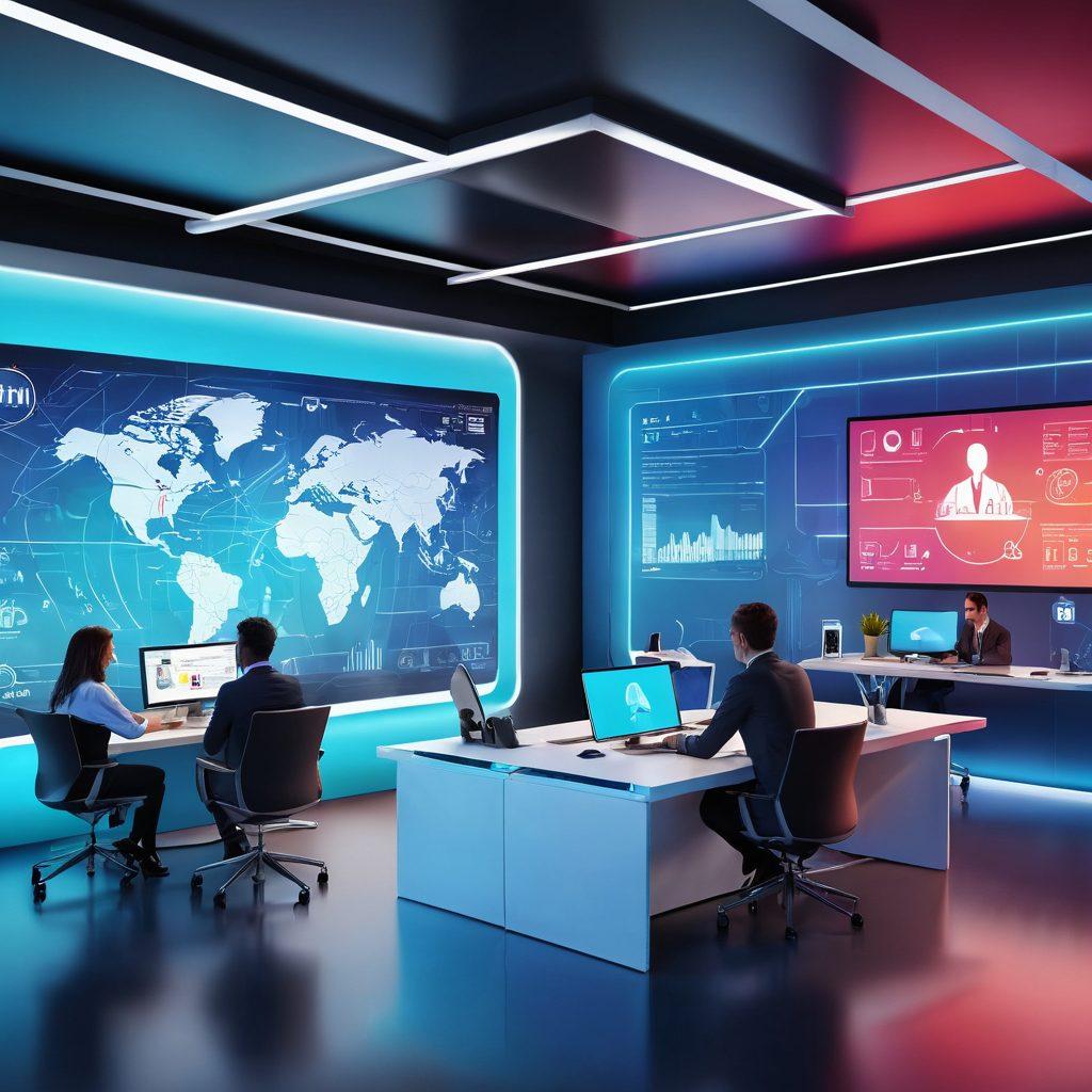 A futuristic office environment showcasing diverse employees engaged in virtual collaboration. The scene includes digital interfaces, graphs, and icons representing HR concepts like employee relations and engagement. Incorporate a harmonious blend of technology and teamwork, with vibrant colors and dynamic compositions that reflect the digital landscape. super-realistic. vibrant colors. 3D.