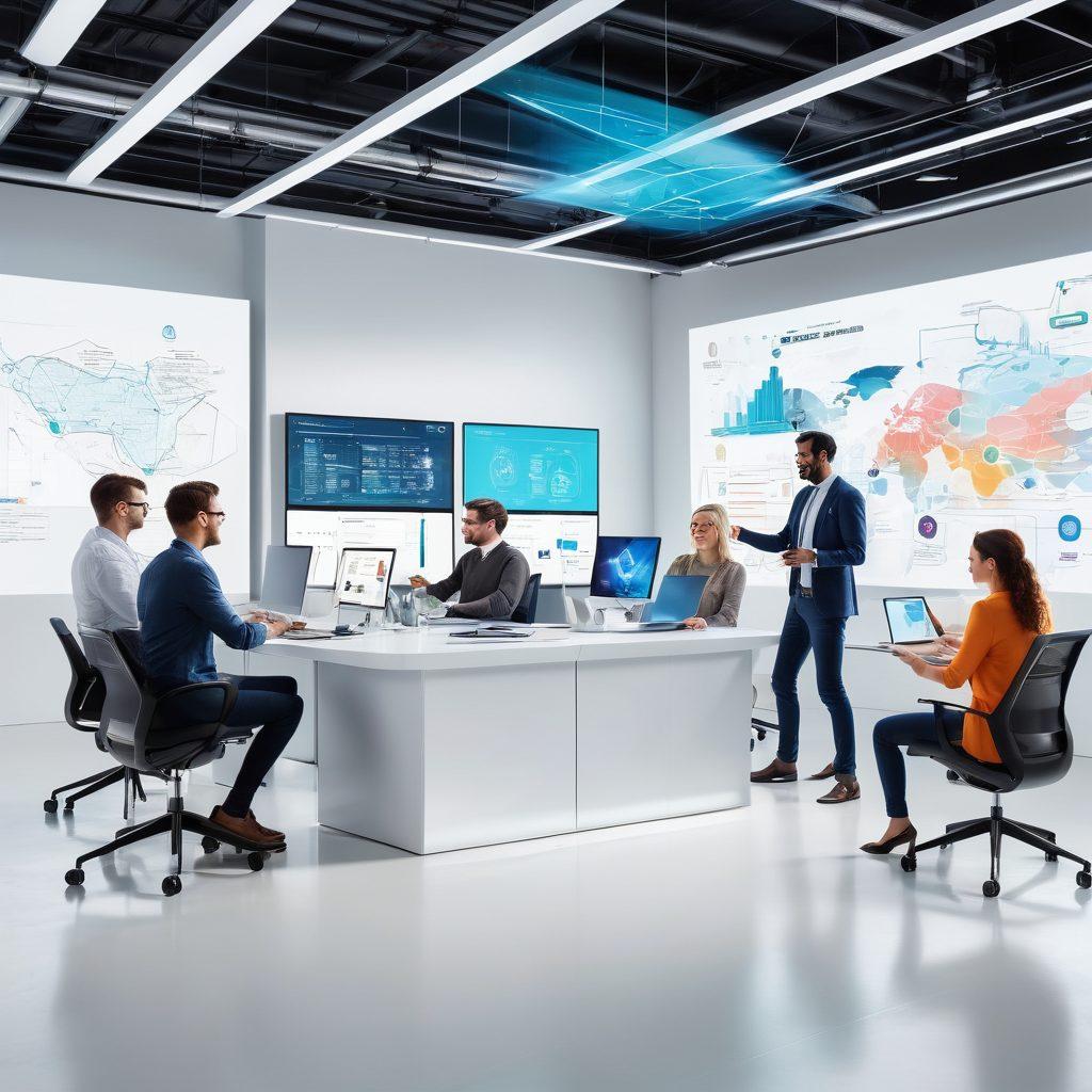 A futuristic office space filled with diverse employees collaborating around digital interfaces, showcasing engaging online platforms and a sense of community. Incorporate holographic screens displaying graphs and teamwork activities, with elements symbolizing innovation and connectivity. Bright, inviting colors enhance the vibe of collaboration. super-realistic. vibrant colors. white background.