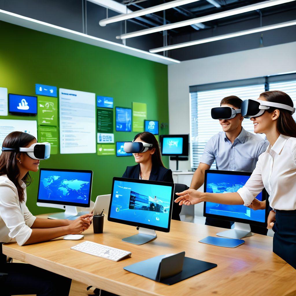 A dynamic workspace scene featuring diverse employees engaging with cutting-edge technology, including virtual reality headsets and interactive digital screens, illustrating collaboration in HR practices. The environment is bright and inviting, showcasing a blend of modern design and green elements for a sustainable feel. Include subtle hints of social welfare themes like unity and support, represented through symbolic gestures among the team. super-realistic. vibrant colors. 3D.